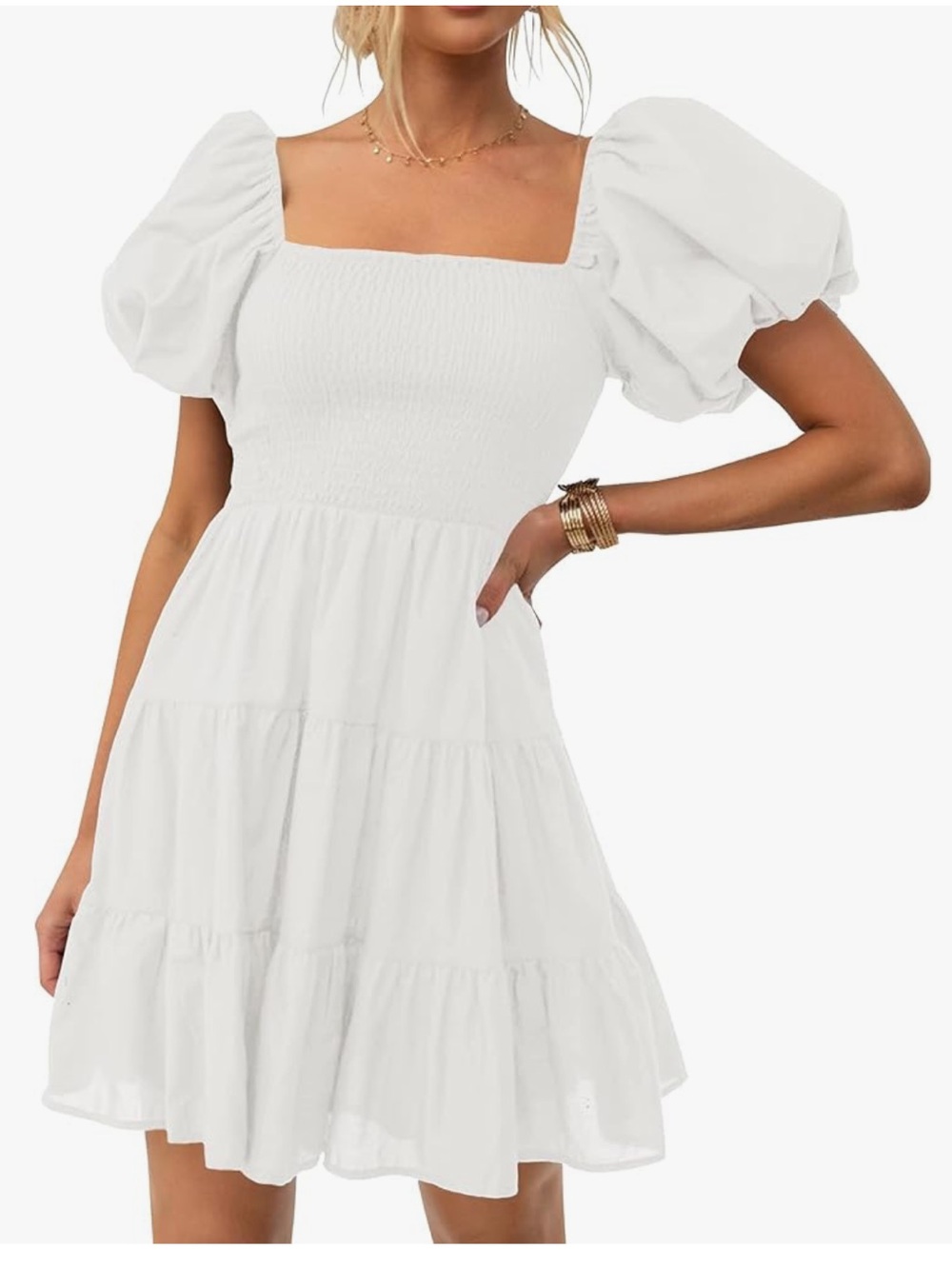 Amazon White Puff Sleeve Square Neck Tiered Mini Dress